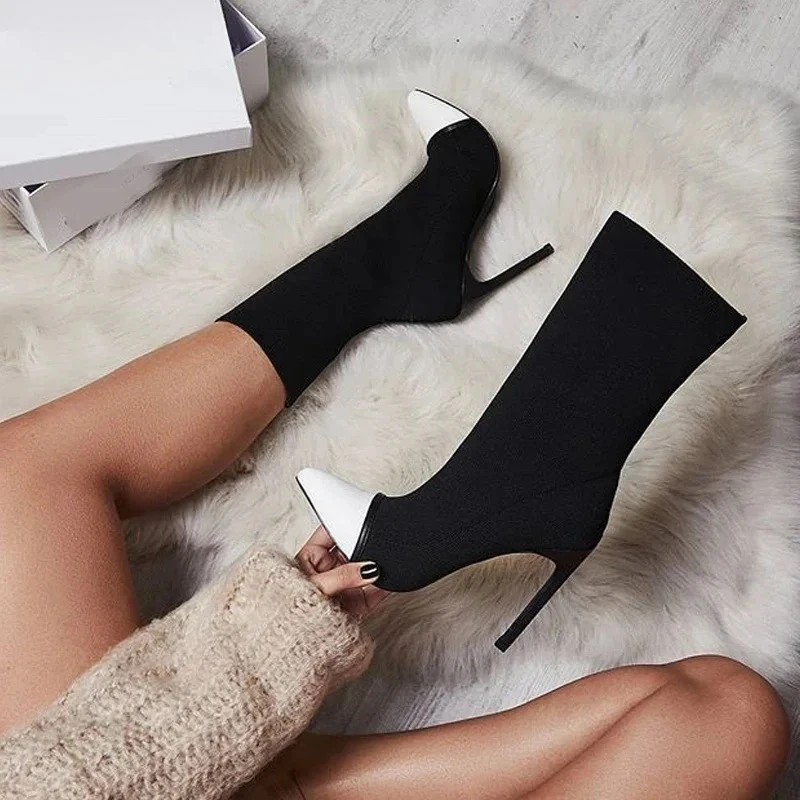 

Women's Pointed Toe Color Block Stretch Fabric Mid‑Calf Slip‑On Stiletto Heel Ankle Boots, Elegant Evening Party Footwear, Drop