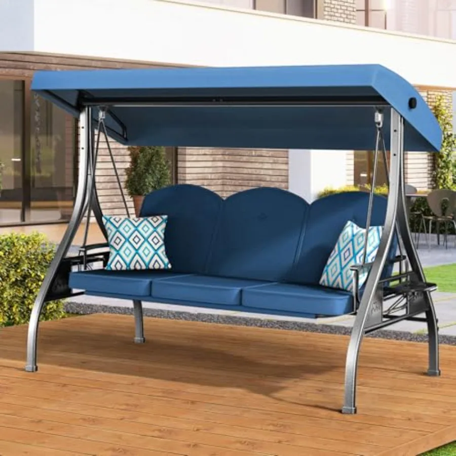 Outdoor porch patio swing for 3-seat use, steel frame with beige fabric, weather-resistant gray cushions, 800lbs capacity, 2-in