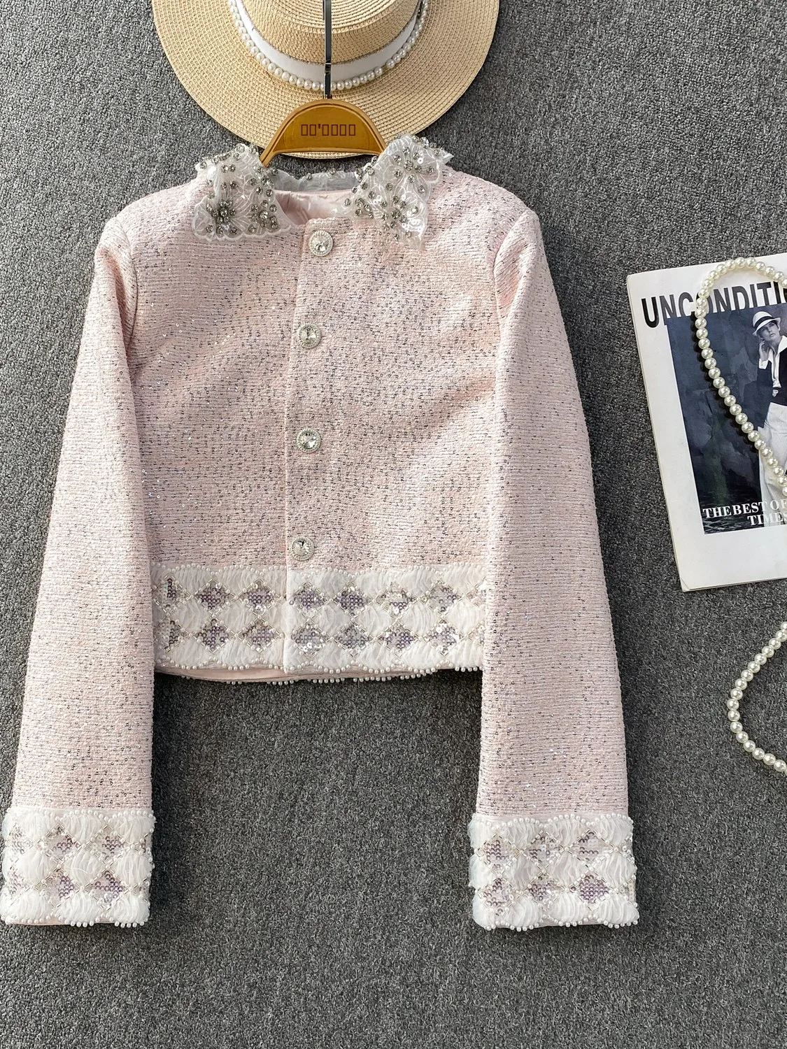 Ele Diamond Embedded Doll Collar Jaet Women's Luxury iny Sequin Personali Top French Sle Slim Fit Long Sve Coat