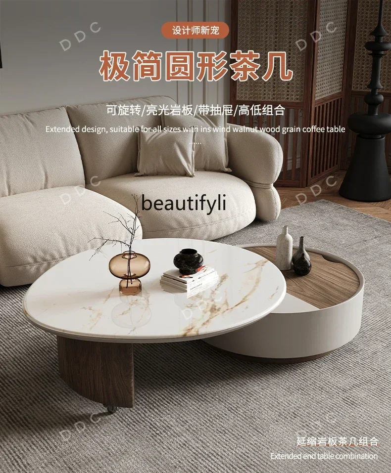 

02C Italian minimalist round rotating rock slab coffee table household light luxury creative size round coffee table