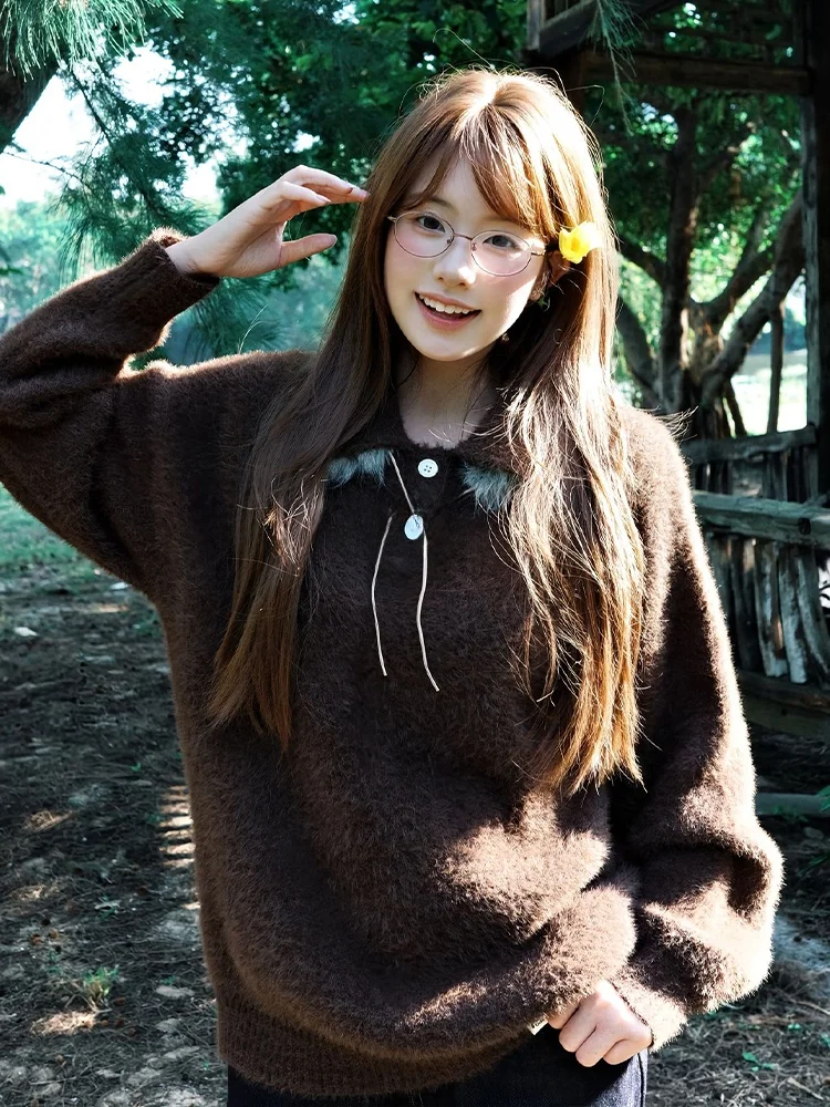 

Retro Color Blo Detachable Fur Collar Fake Fur Turn-down Collar Knitted Sweater Women Autumn Winter Brown Overhead