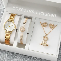 6PCS Fashion Women's Watch Gold Steel Band Analog Quartz Watches Heart Jewelry Set（Without Box）