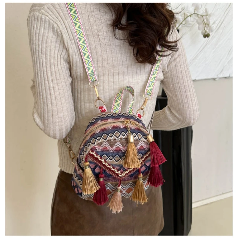 

Модные рюкзаки с вышивкой в этническом стиле, маленькие школьные сумки, полосатые холщовые сумки с кисточками, сумки через плечо для путешествий и поездок на работу