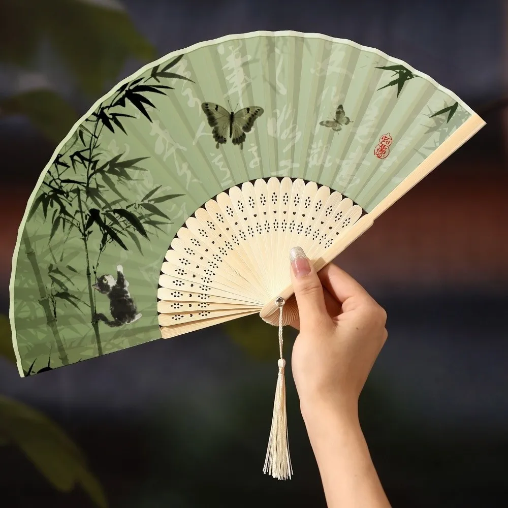 Dance Props Chinese Style Tassel Folding Fan Swallow Lotus Bamboo Fan Orchid Butterfly Handheld Fan Girl Gift