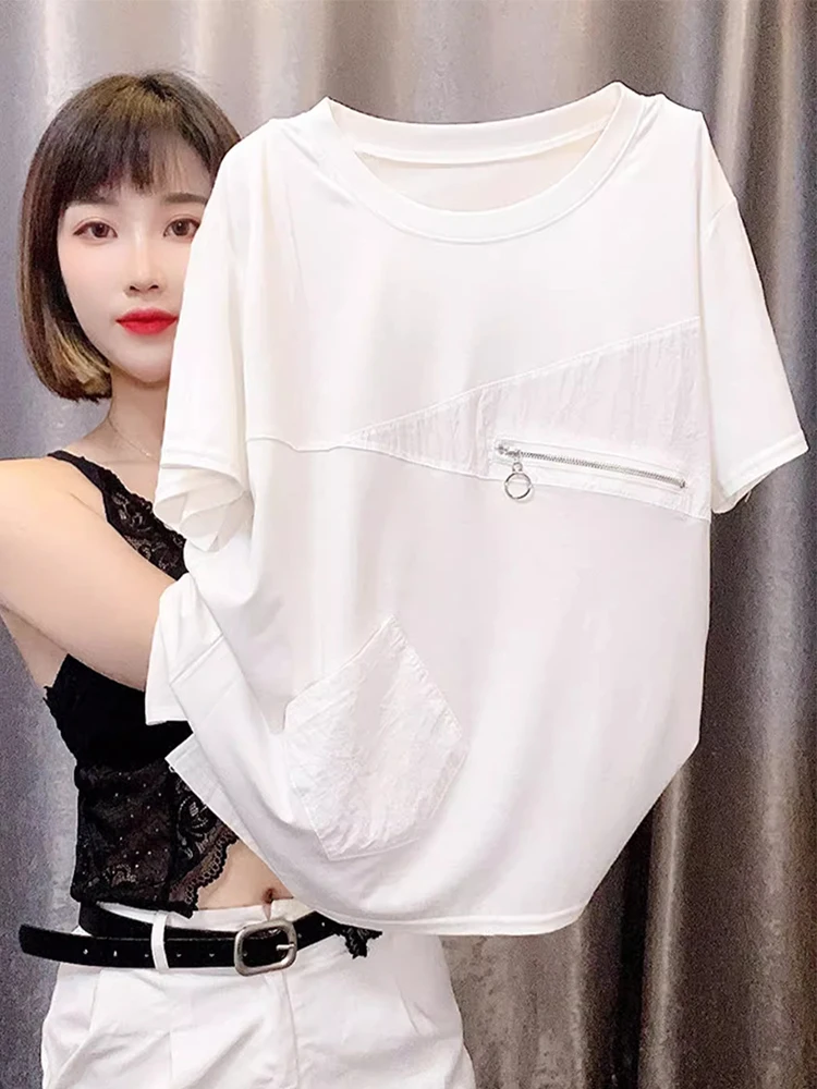 

Irregular pure cotton short sleeved niche zipper design chic t-shirt loose oversized simple versatile top for women summer