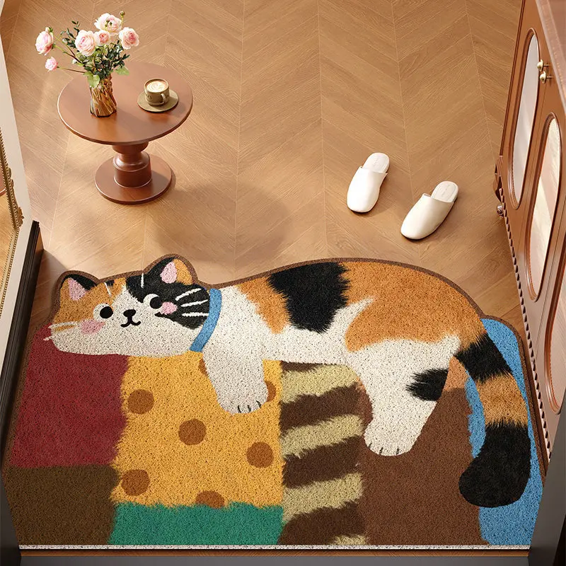 Cute Calico Cat Shaped Doormat Non-slip Durable PVC Coil Floor Mat Entrance Rug for Indoor Outdoor Entryway Home Decor Pet