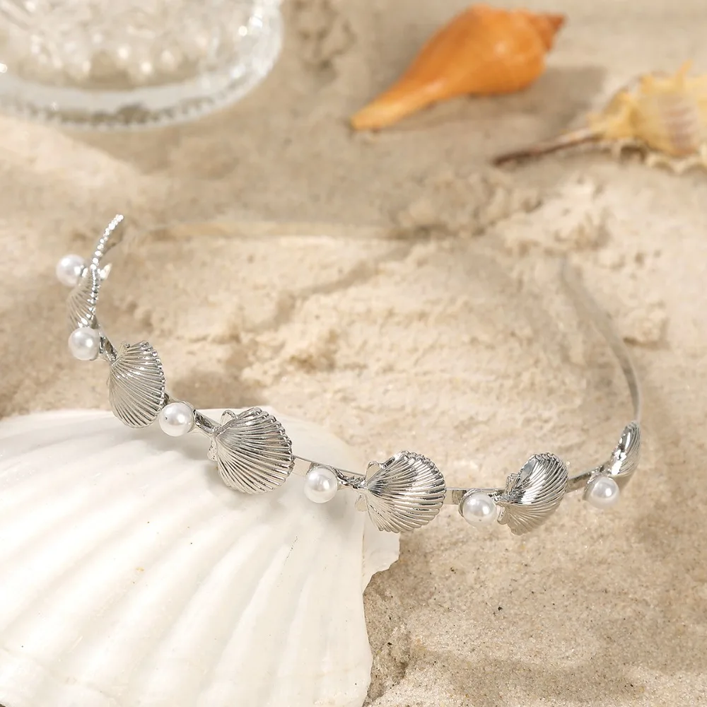 Korean Headpiece Gold Color Starfish Shell Headband Silver Irregular Pearl Hair Hoop Chic Elegant Crown Tiaras Women
