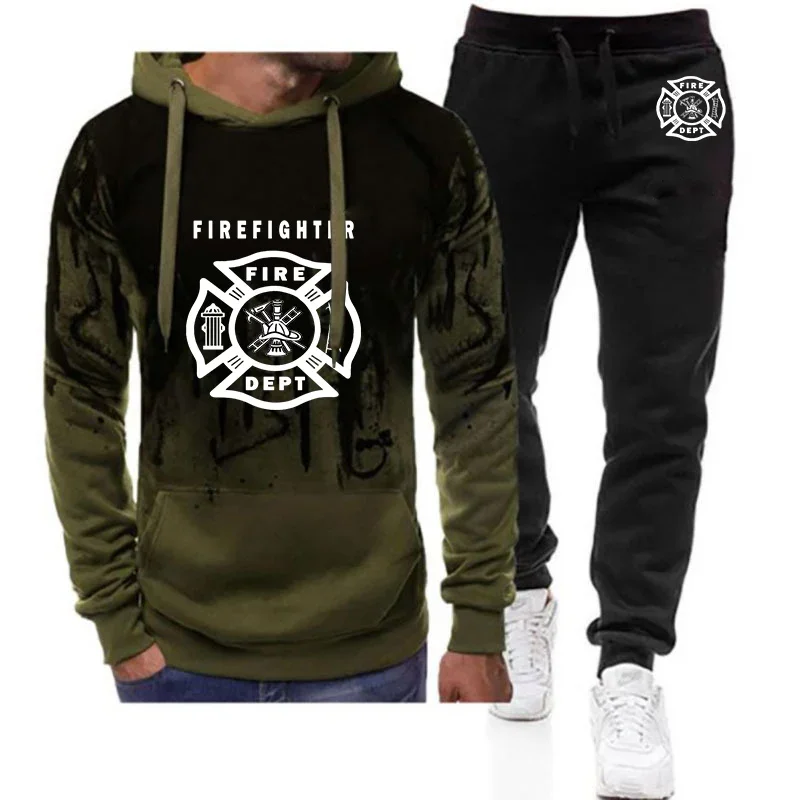 2024 Spring Autumn Man's Firefighter Rescue Team Logo Print Popular Gradient Color Hoodies+Sweatpants High Quality Sports Sets