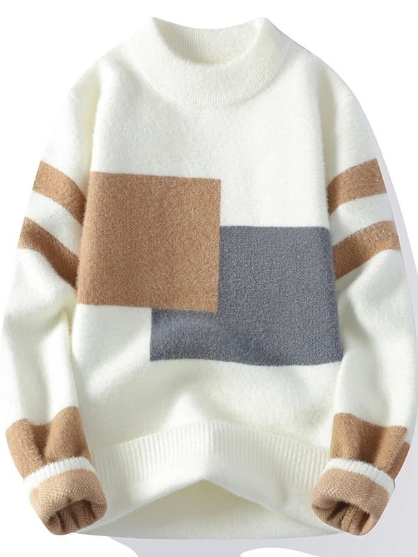 

Men's Thiened Autumn Winter Knitted Mink Sweater Soft Double Knit Warm Top Youth Faion Casual Long Sve f High Collar