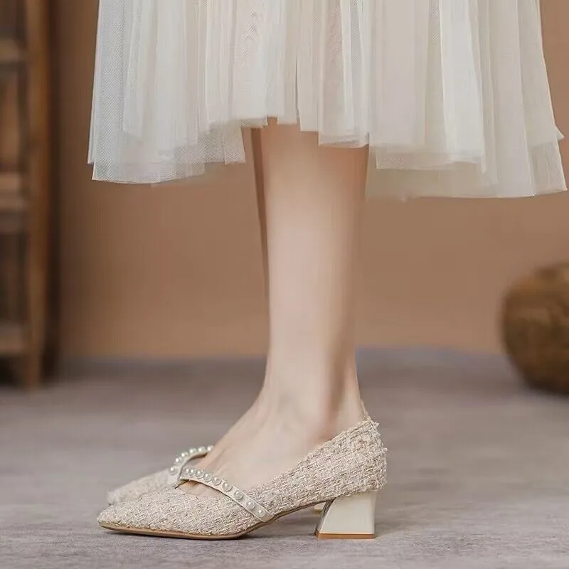 Pearl Side Open High Heel Single Shoes Women's Fashion Spring Summer New Sle for Skirts Gentle Fairy Sandals Korean Sle