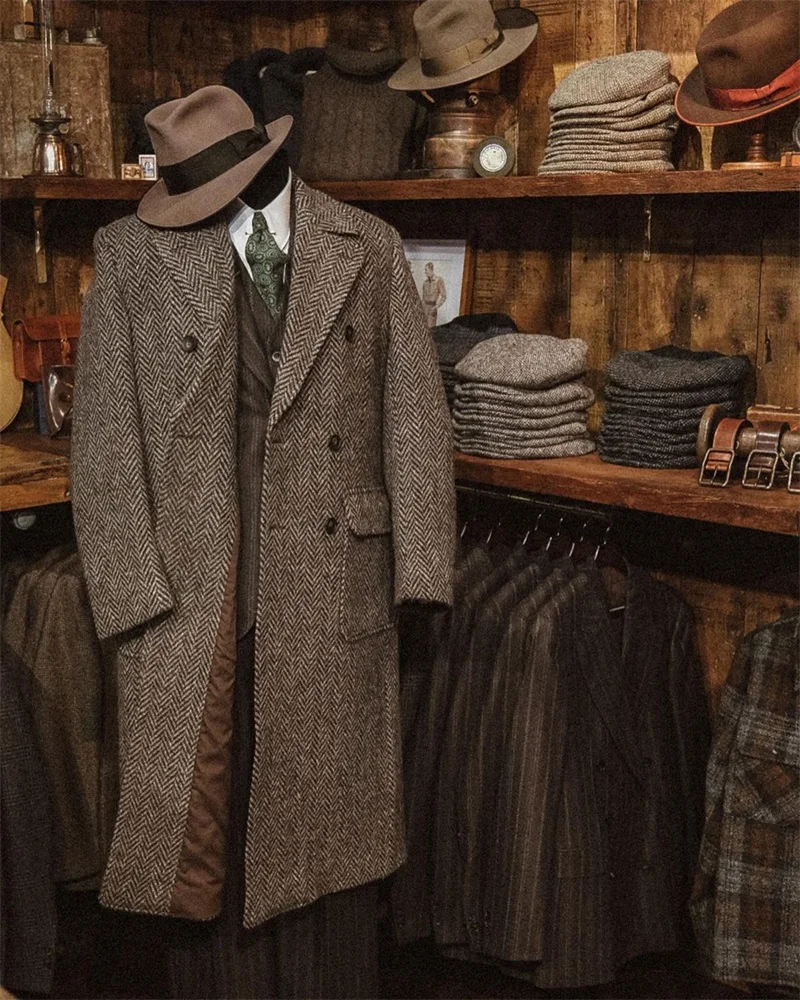 Marrone a spina di pesce uomo vestito Blazer lungo Tweed cappotti giacca cappotto inverno spesso formale ufficio affari smoking su misura