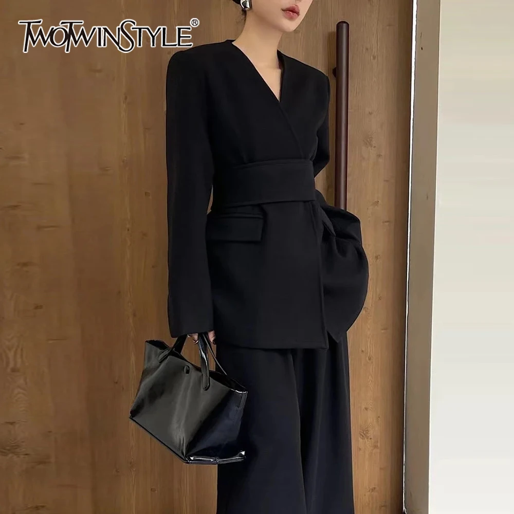 

TWOTWINSTYLE Solid Pants Suits for Women V Neck Long Sleeve Spliced Belt Top High Waist Wide Leg Loose Pants Fashion Set Female