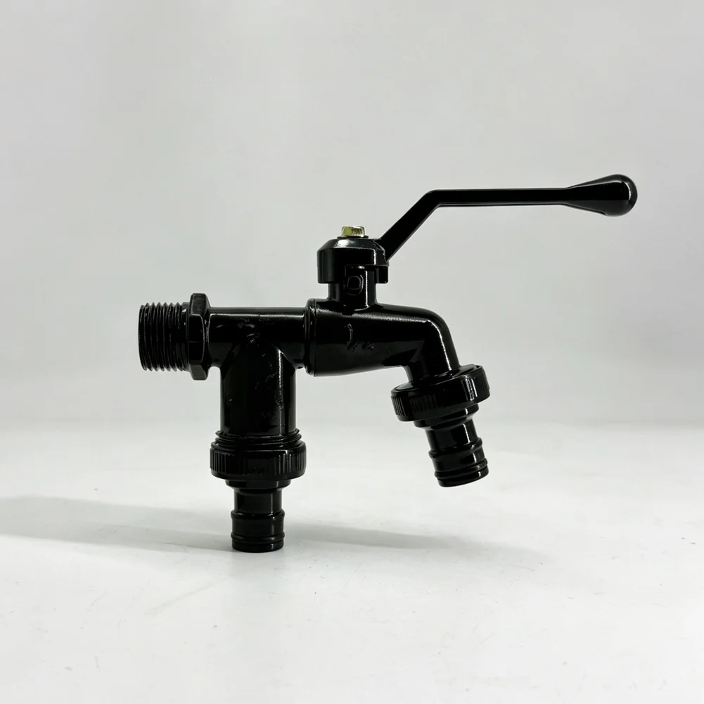 Zinc Alloy Black Dual Spout Faucet for Garden 1 In 2 Out Configuration with Aluminum Handle and 3/4 Inch Threads