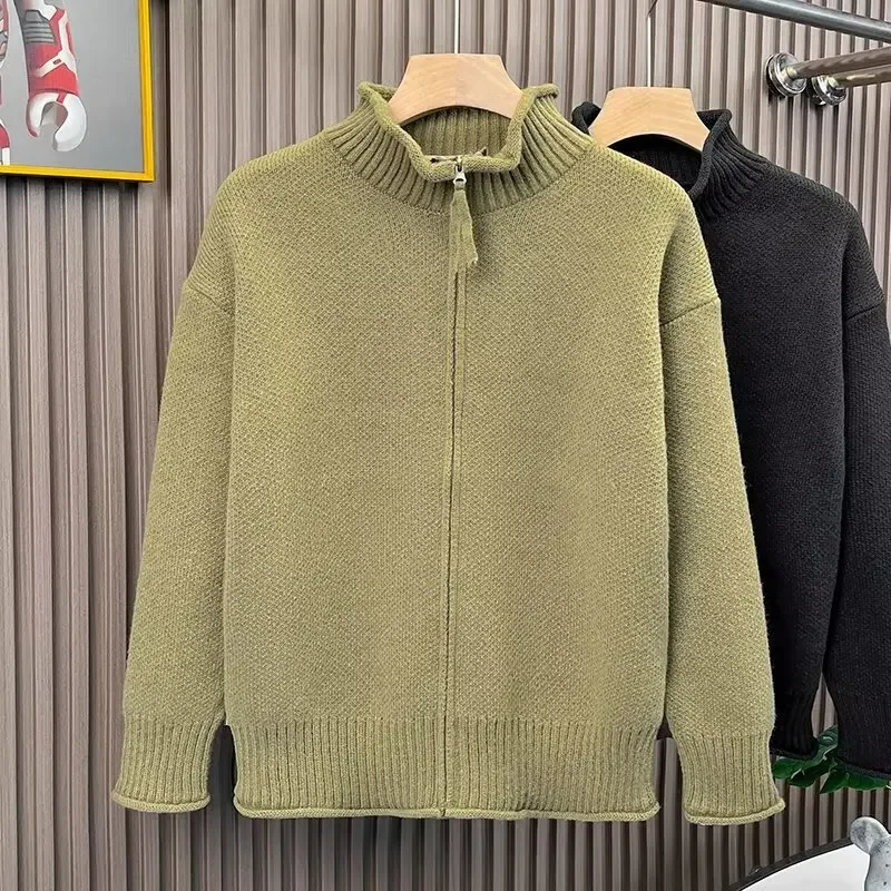 New Spring and Autumn New Light Luxury Simple Knitted Cardigan Men's Fashion Zipper Jacket Solid Color Heavyweight Sweater Coat