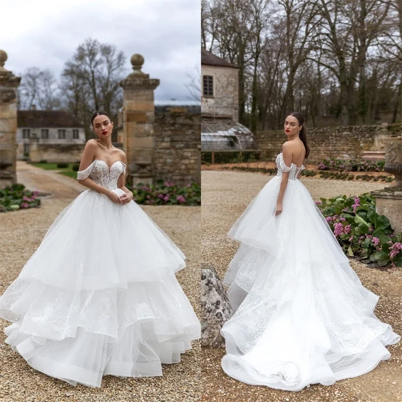 

New Arrival A-Line Wedding Dresses Beach Boho Off Shoulder Beads Lace Applique Bridal Gowns Tuered Tulle Custom Made Vestidos De