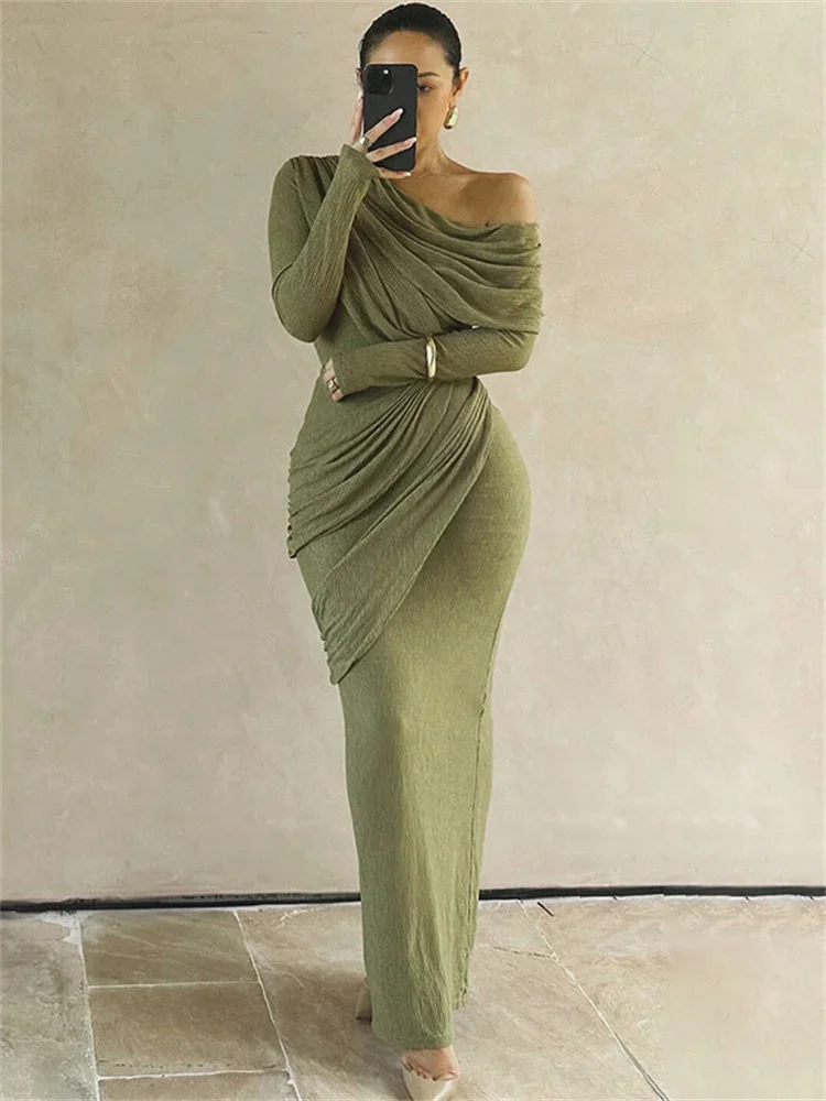 

Tossy Pleated Off-Shoulder Fashion Maxi Dress Female Long Sleeve Solid Loose High Waist Patchwork Autumn Dress Ladies Long Dress