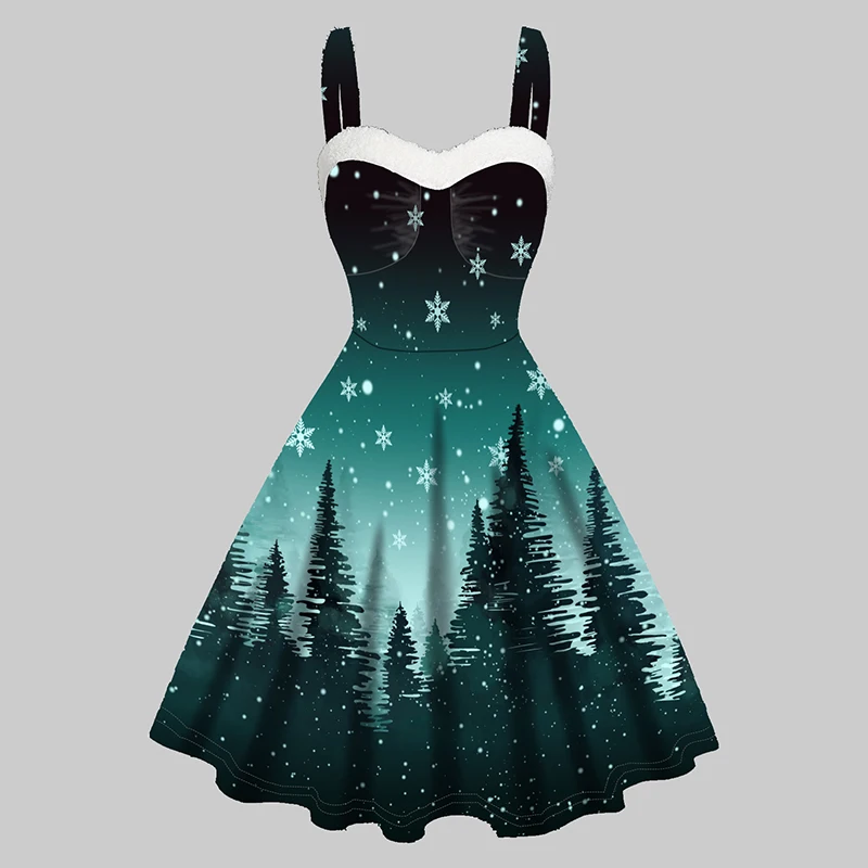 

Dressfo Women's Christmas Dresses Snowflake Forest Print Mini Dress Faux Fur Panel Sweetheart Neck Ruched Bust A Line Cami Dress