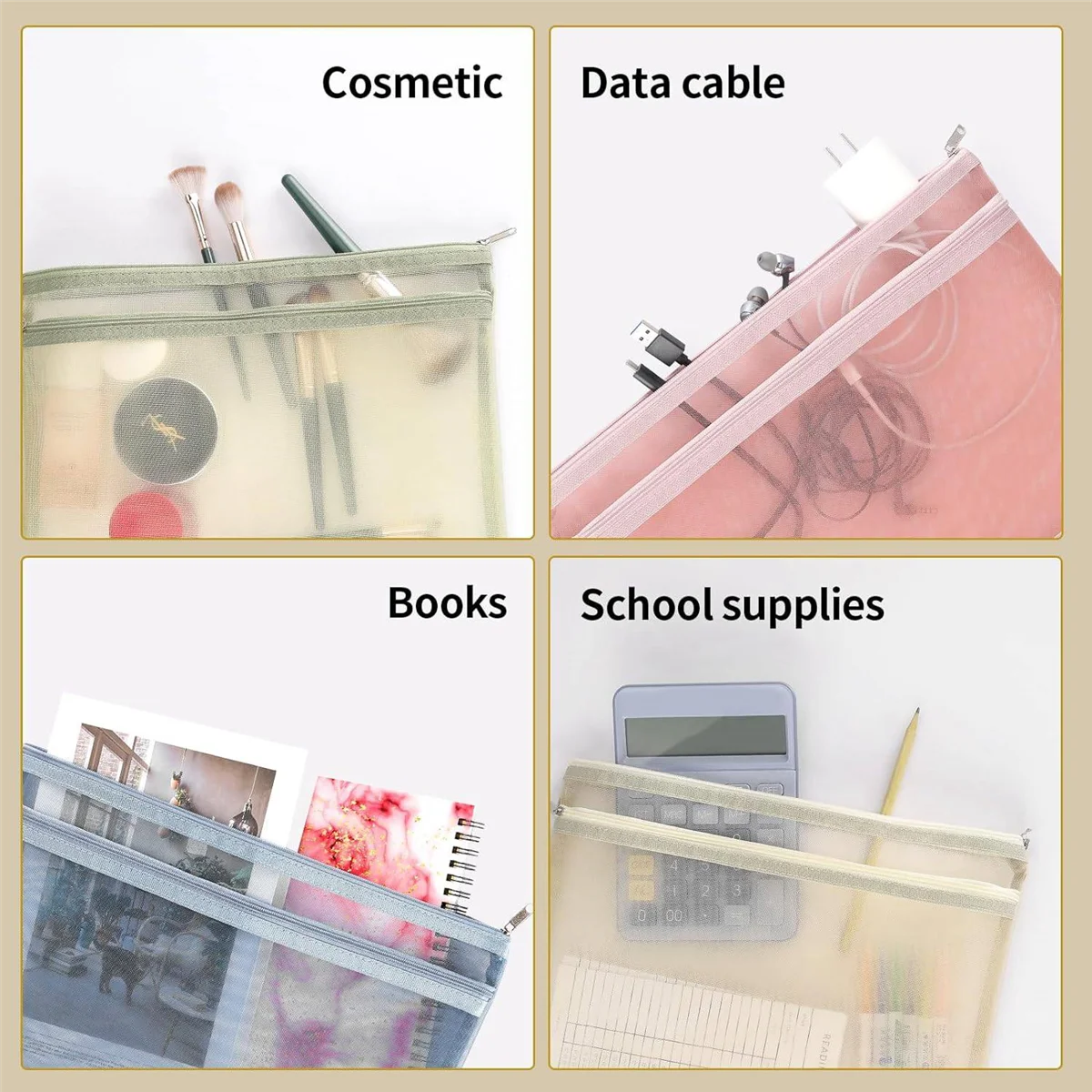 T69C 10 Pack Colored Double-Layer Mesh Zipper Pouch Bags, Building Block Sets Toy Storage & Organization 5Pcs A4+5Pcs A5