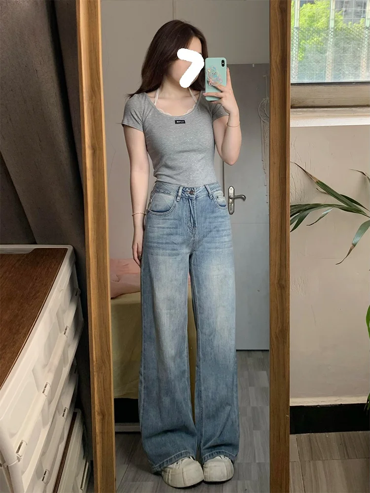 

Ретро джинсы с высокой талией и прямыми штанинами для женщин, летние новые свободные широкие брюки в пол, джинсовые синие длинные штаны