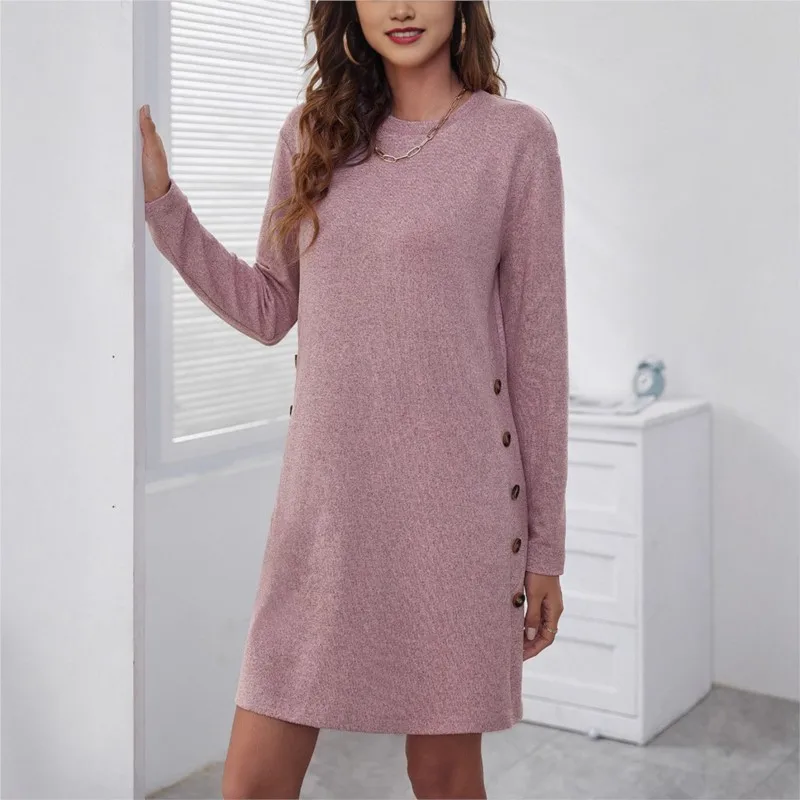 Robe décontractée à manches longues et col rond pour femme, vêtement ample et simple, couleur unie, à la mode, pour les déplacements, automne et hiver
