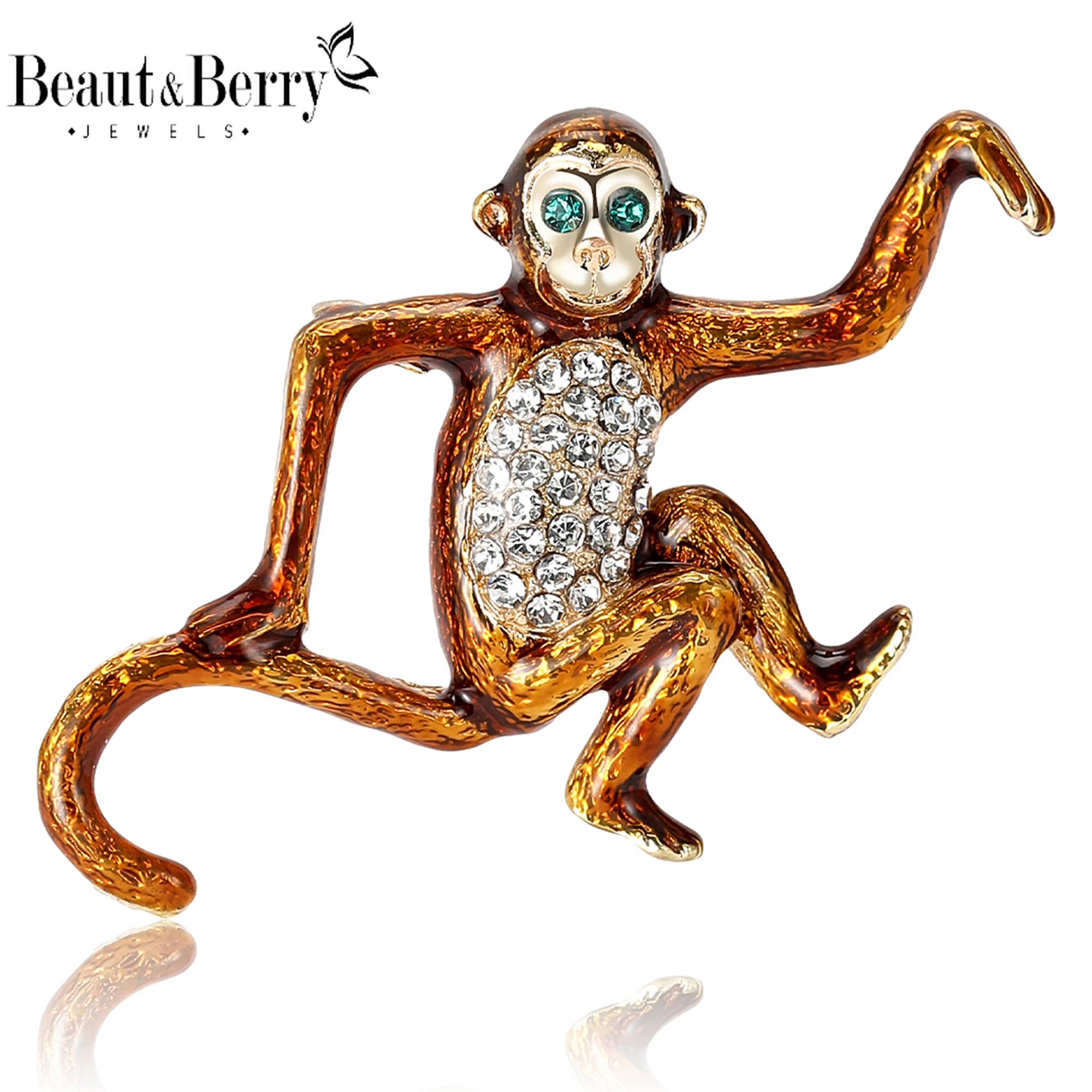 Beaut&Berry Fashion Enamel Monkey Brooches for Women Rhinestone Animal Pins Friends Party Gifts Banquet Jewellery Accessories