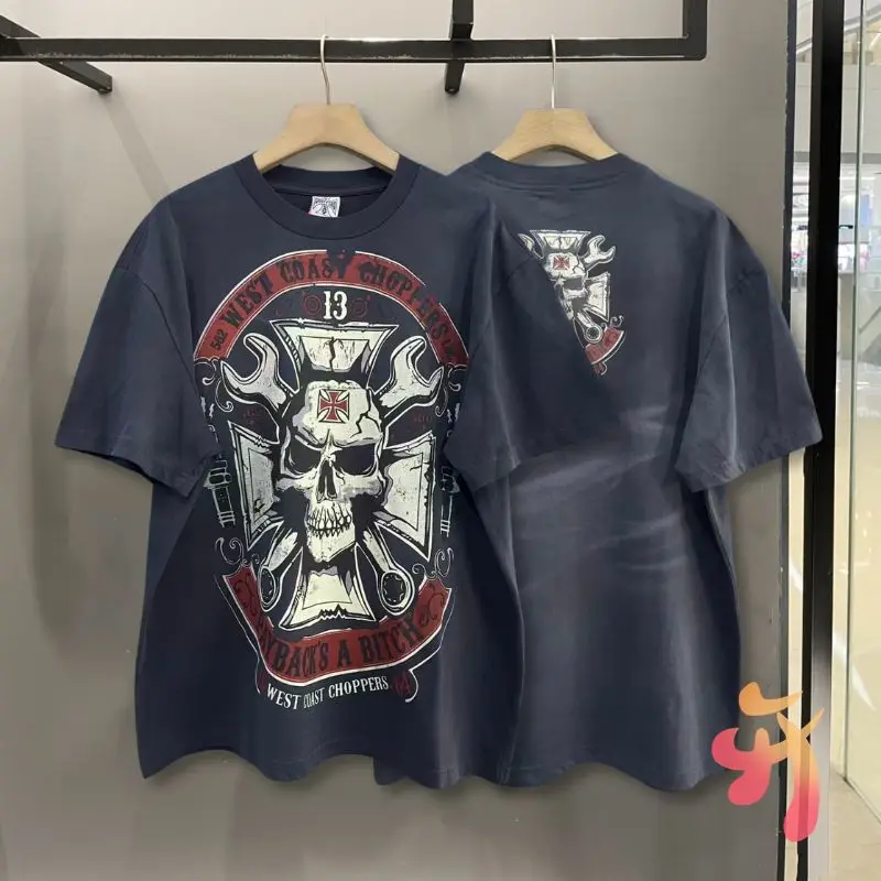 American Hip-hop Vintage Washed Navy Blue West Coast Choppers Tshirts Wrench Skull Print Round Neck Short Sleeve Men Women Tops