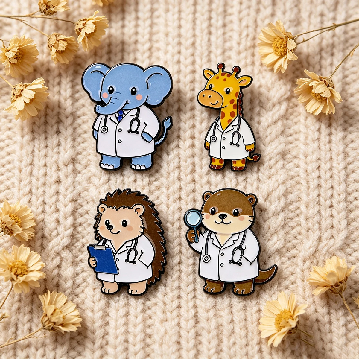 4pcs/Set Cartoon Animal Doctor Enamel Pin Cute Elephant Giraffe Otter Brooch Lapel For Backpack Hat Badges Jewelry Nurse Gifts view 5