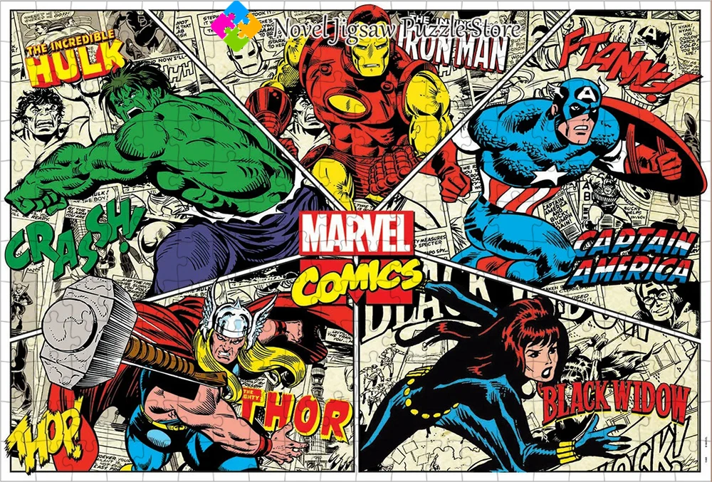 Avengers การ์ตูนจิ๊กซอว์ปริศนา Disney ตัวละคร 108/200/300/500/1000 ชิ้นปริศนาผู้ใหญ่ Decompression เกมของขวัญสร้างสรรค์