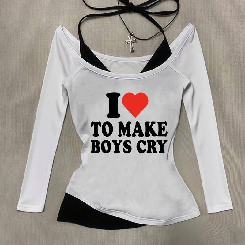 

New outdoor autumn and winter I love makes boys cry ", hanging neck and off shoulder fake two-piece long sleeved shirt