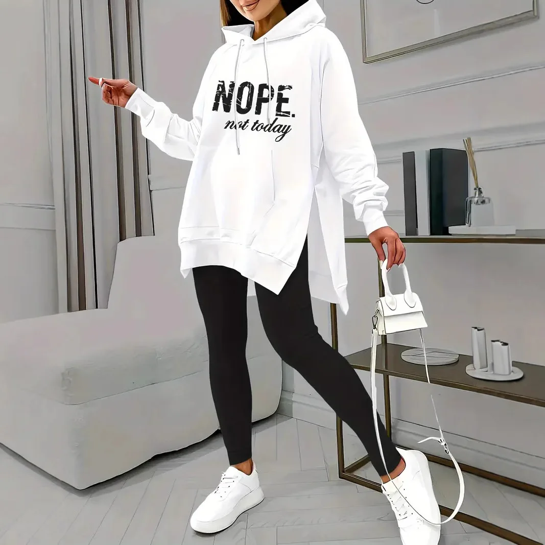 ลําลองแขนยาวHoodedชุดฤดูใบไม้ผลิฤดูใบไม้ร่วงพิมพ์กระเป๋าSlit Designสบายความยาวข้อเท้าชุดสตรี