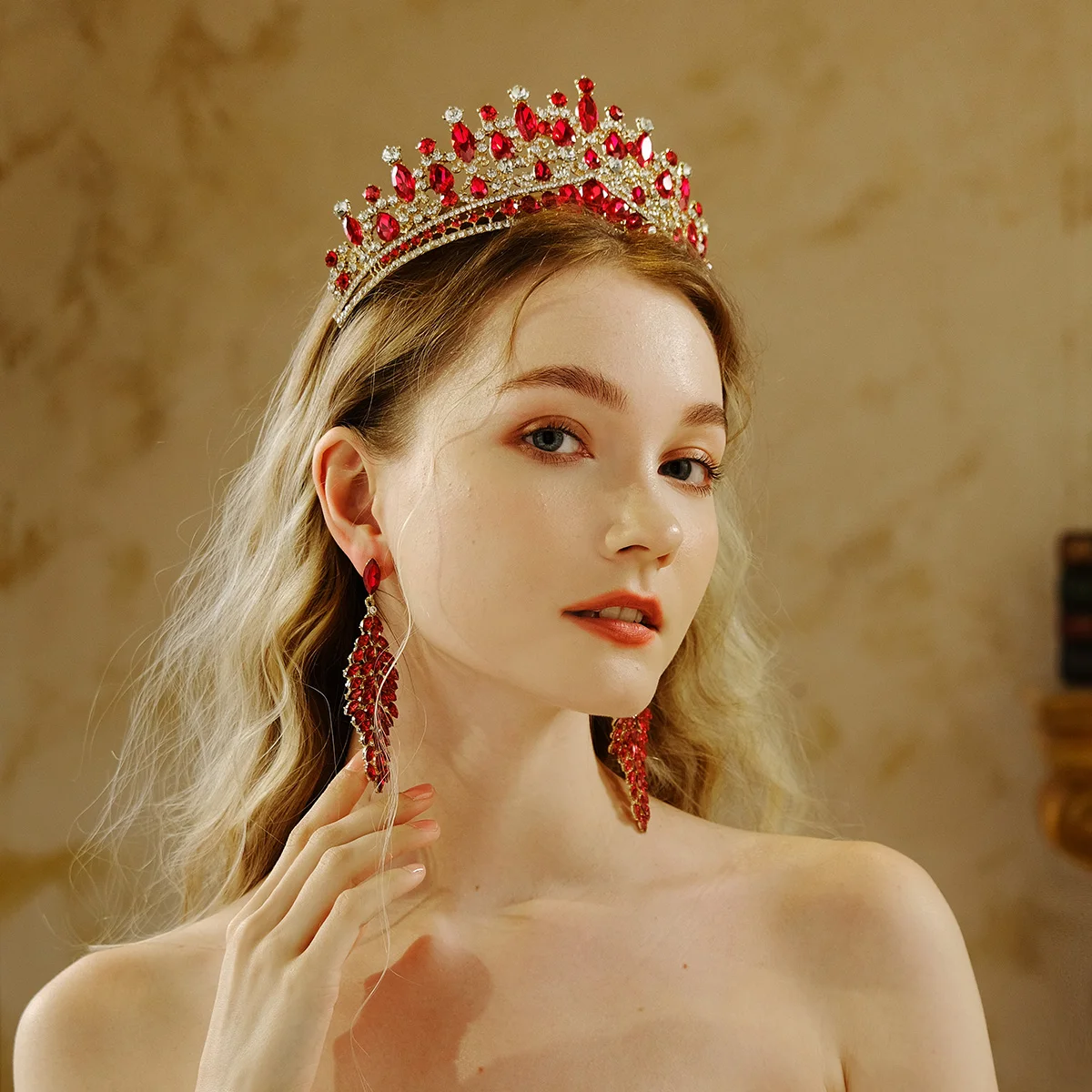 Rote Luxus Braut Hochzeit Krone handgemachte Strass elegante Tiara Halloween rote Kollektion Haarbänder Kopfschmuck Zubehör – Detail 1