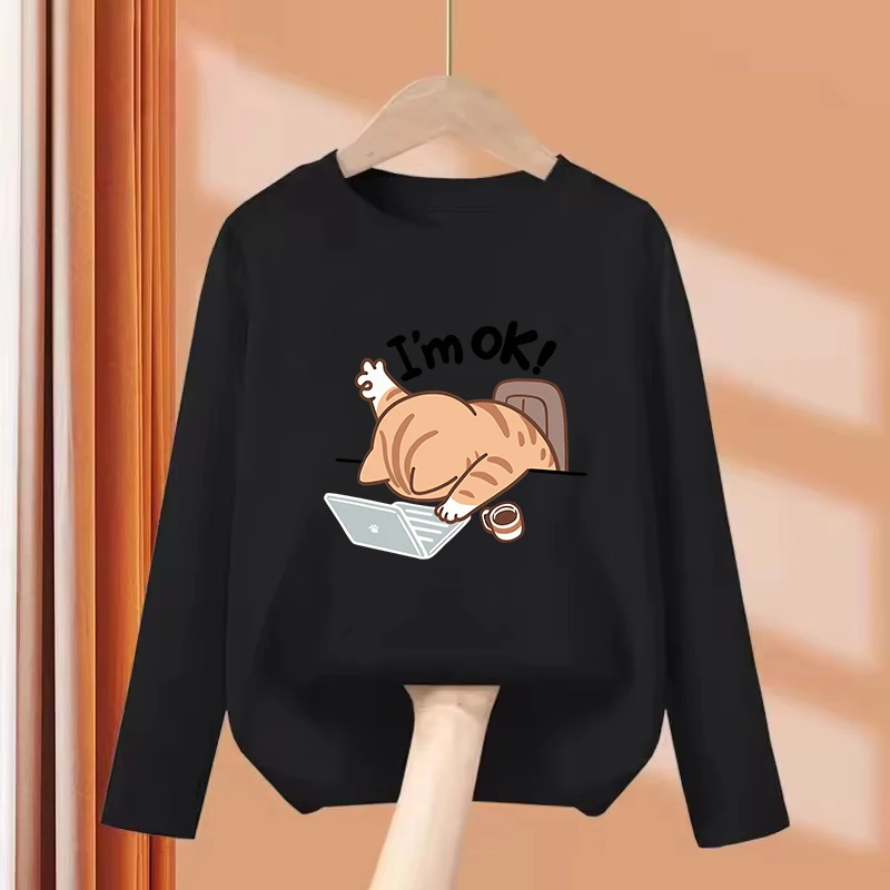 Funny I Am Ok Computer Cat T Shirts Long Sleeve Manga Kids Children's T-shirt Boys Girls Summer Spring Casual Top Tee