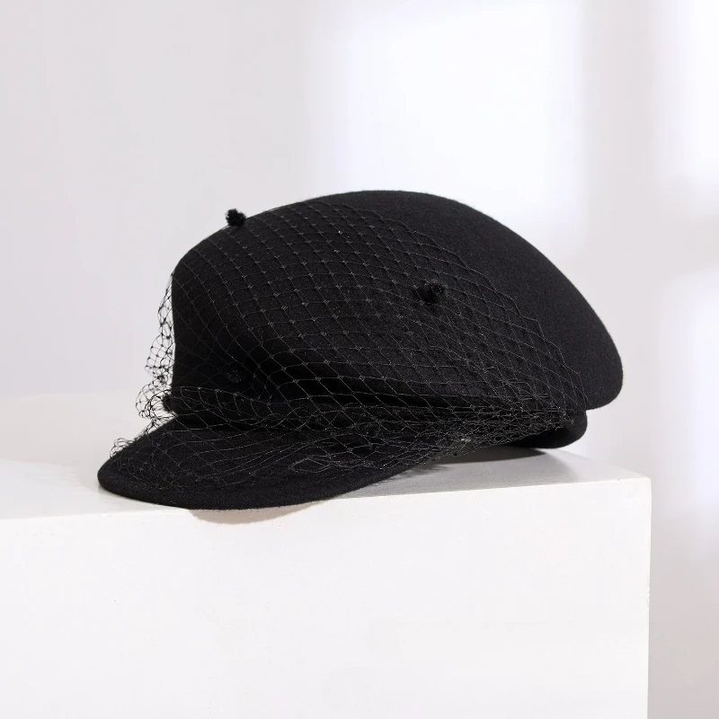 Japanese Elegant Women Wool Fedora Hats With Netting Fabric Classic Dome Equestrian Caps Fashion Outdoor Warm Baseball Cap