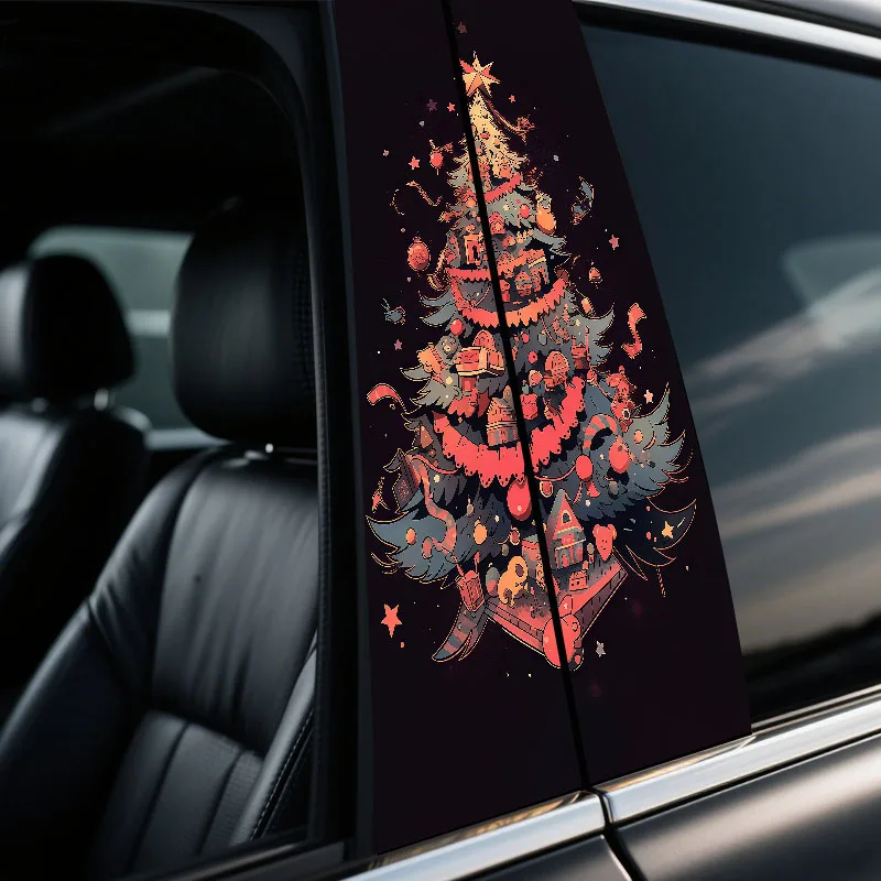 

2PCS Merry Christmas! Christmas Tree Car Sticker B-pillar DIY Car Center Pillar Cover Scratch Cartoon Decoration Accessories