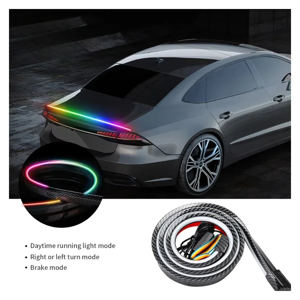 

Стоп-сигнал, 51-дюймовая светодиодная лента RGB, задние крылья автомобиля, губы, задний спойлер, декоративные лампы 12 В, водонепроницаемая печать из углеродного волокна