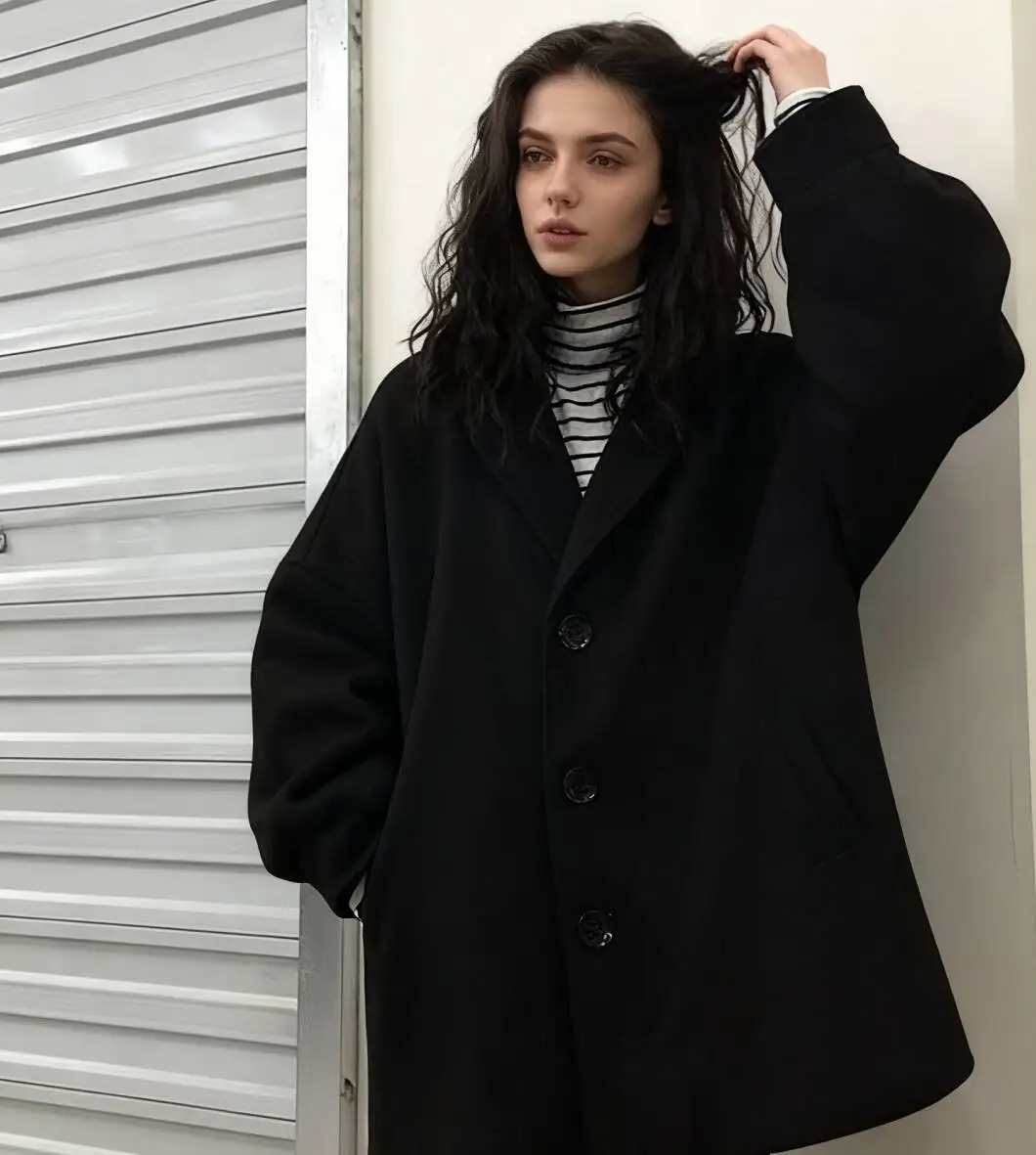 Abrigos de mezcla de lana para mujer abrigo de lana línea A otoño forro polar a cuadros abotonado manga de globo acanalada asimétrico clásico francés OL