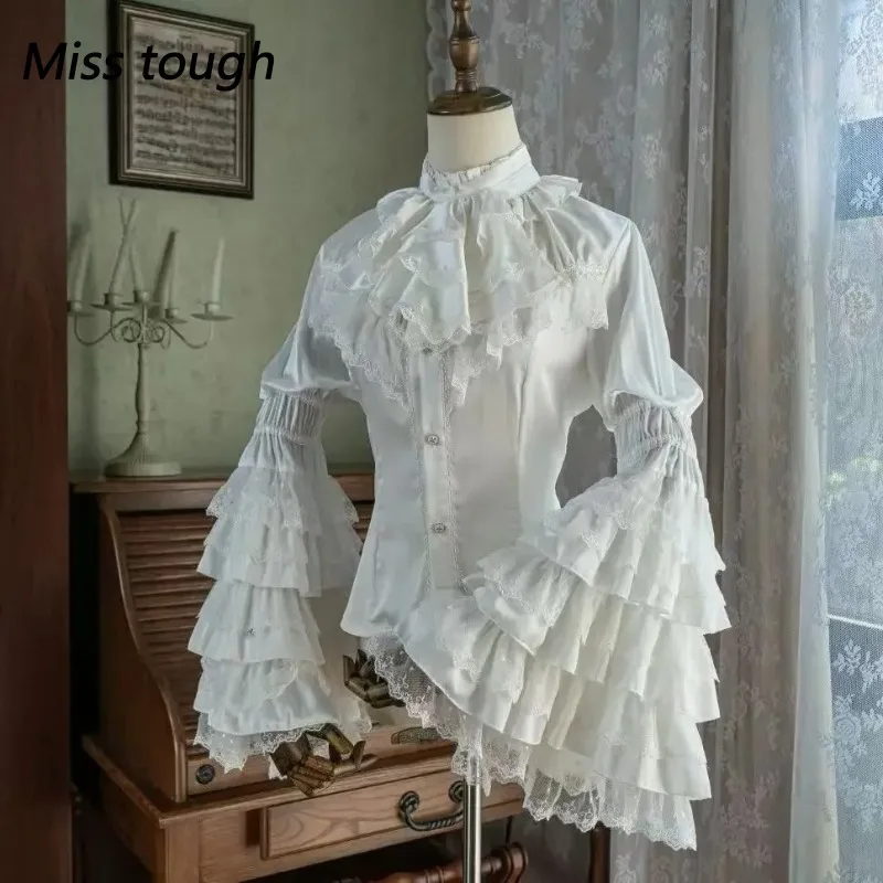 الشتاء اليابانية لوليتا نمط الصلبة النساء البلوزات نفخة الأكمام أنيقة الدانتيل قمصان Y2k الجمالية الحلو القوس JK الشيفون تصميم القمم #6
