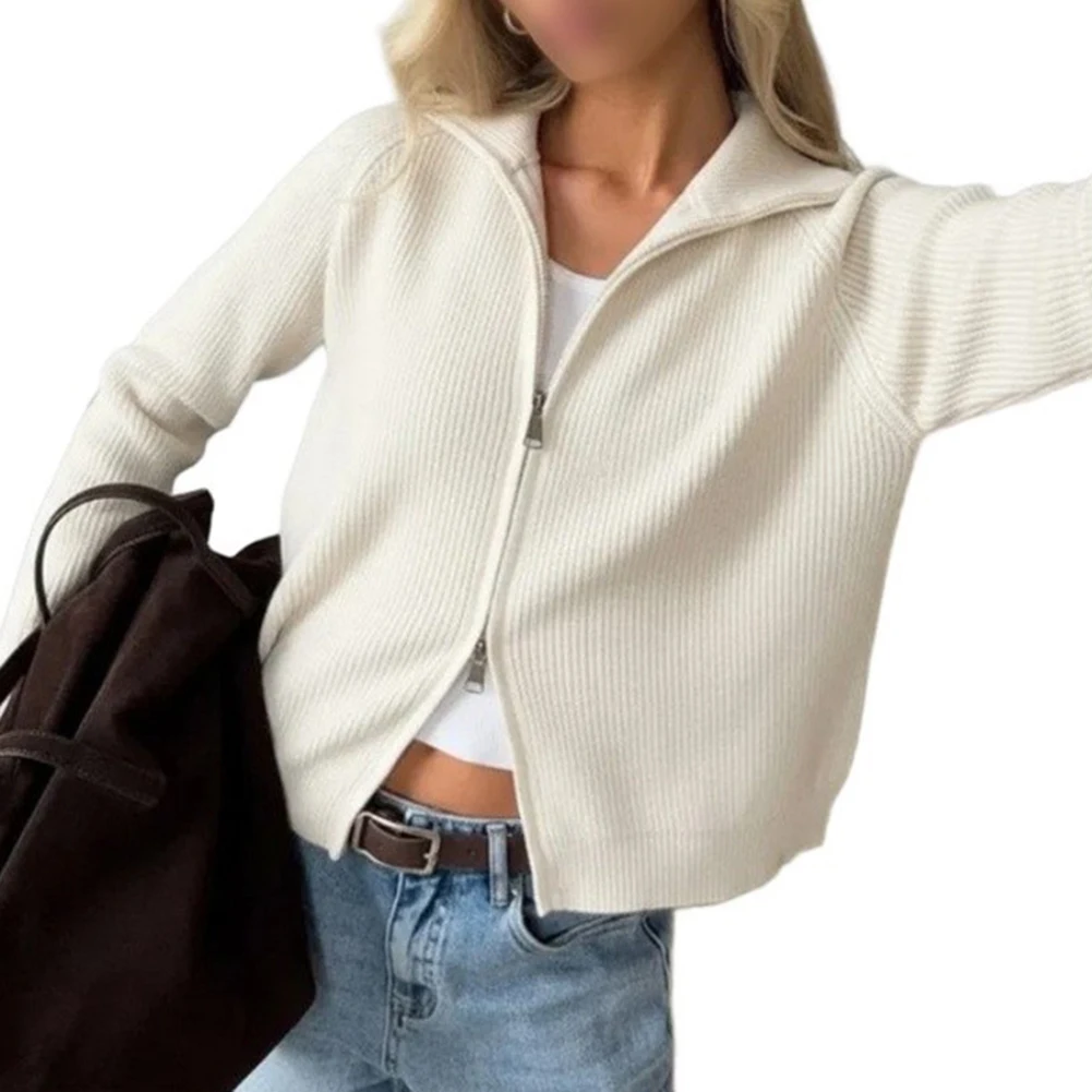 Autumn Winter Coat Women Knitted Jacket Light Gray Women Knitted Zipper Jacket Women Jacket Front Zipper Closure