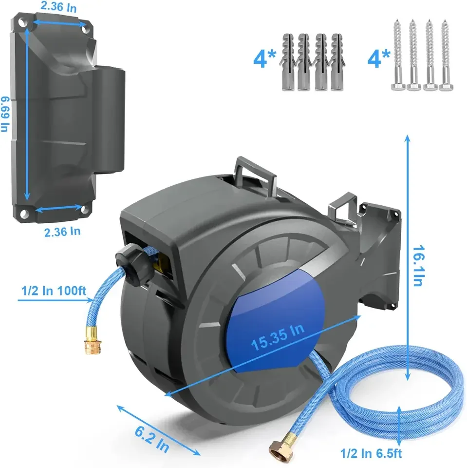 Atualização Wall Mounted Jardim Mangueira Carretel, Tubo de água Bobina com Bocal, Jardim Ferramenta para Casa