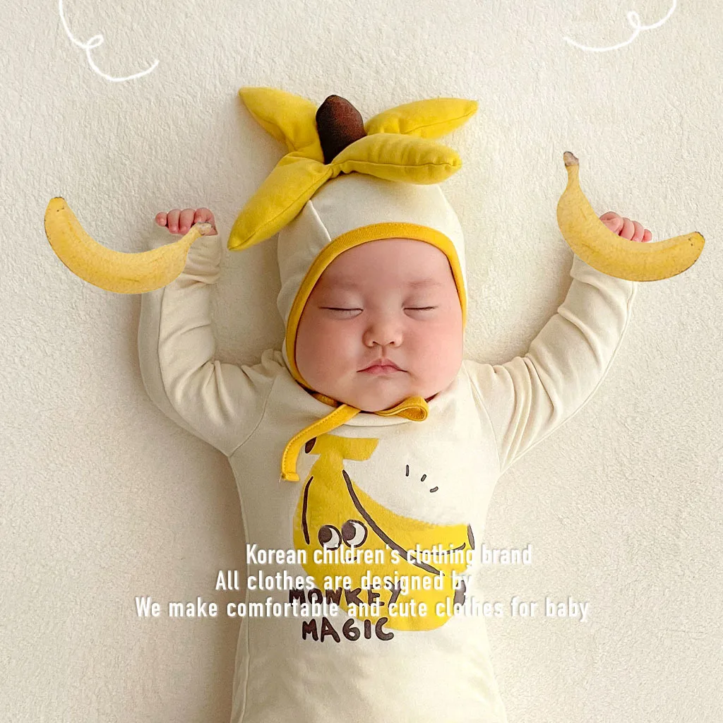 

Ins Korean 2025 Fall Baby Bodysuit Long Sleeve Cozy Banana Onesie with Hat for Newborns & Infants Photography Outfit 0-24M