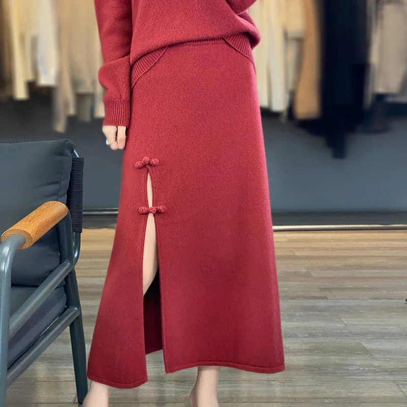 Women 100% Wool Skirt Autumn Winter Ankle-length Vent Skirt High Waisted Cashmere High End Thick A-Line Knit Wild Base Skirt