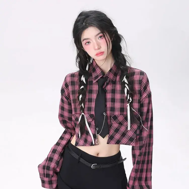 Harajuku Plaid Blouses College Style Design Women Y2k Sexy Korean Style Long Sleeve Shirts Through Crop Tops Streetwear