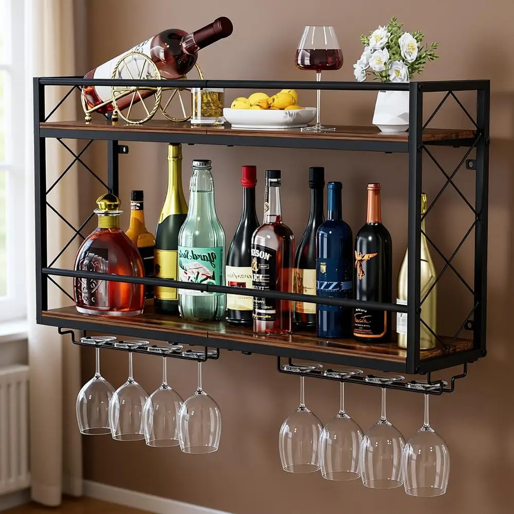 

Двухуровневая настенная винная полка с держателем для бокалов, защитой от падения, 31,5 дюймов, металл и дерево, идеально подходит для дома, кухни, столовой, кофейни