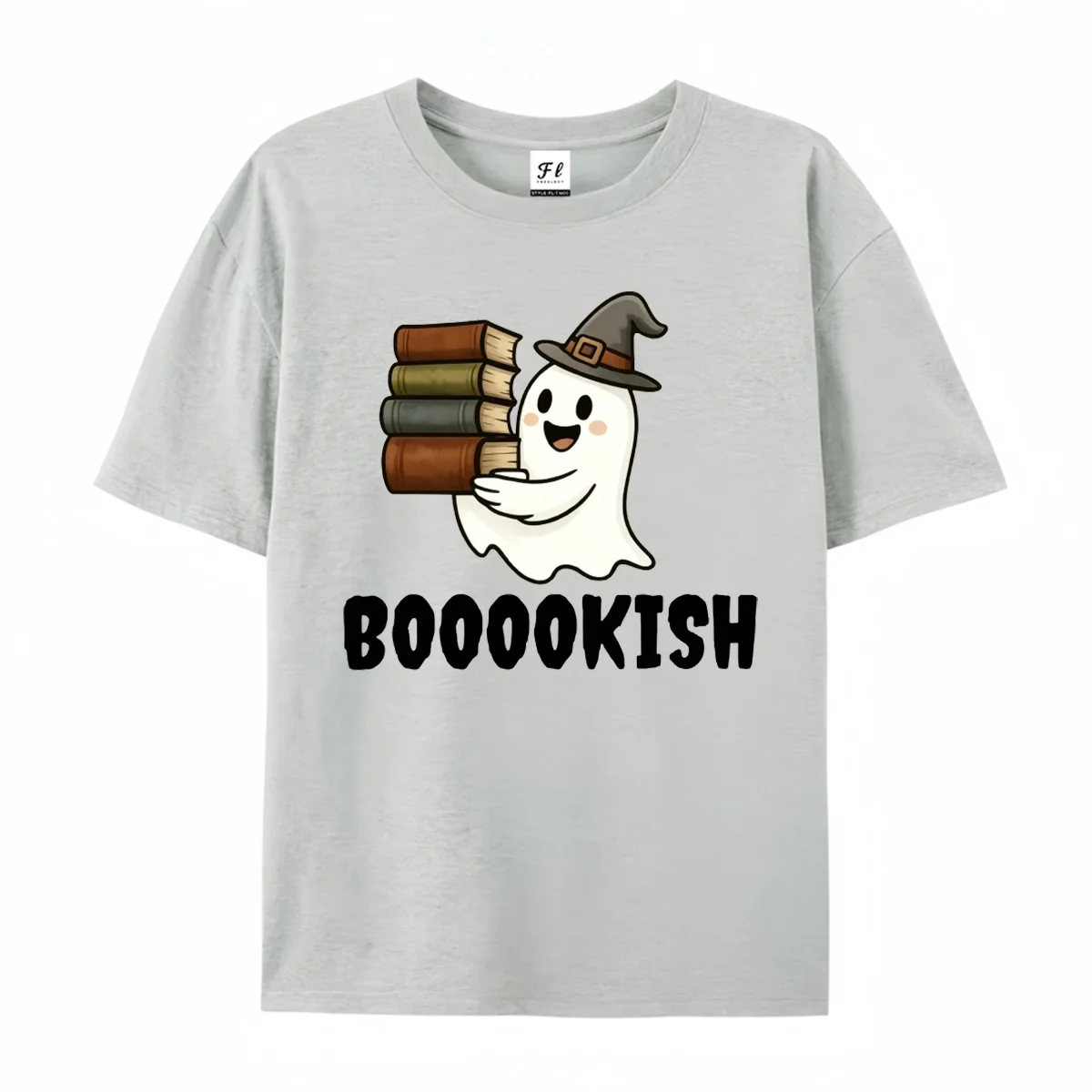 `Boooookish Cute Ghost With Witch Hat Holding Books Graphic T-Shirt Funny Halloween Book Lover Reading Casual Short Sleeve Tee