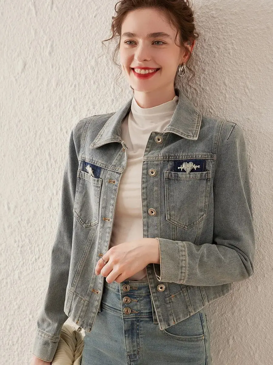 LOUIS YAO Women Denim Jacket 2024 Spring New Turn Down Collar Long Sleeve Retro Washed Denim Coat Chic Loose Fit Women's Coat