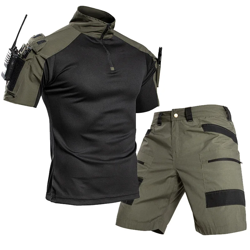 Men's Outdoor Quick Dry Tactical T-Shirts Sets Half-Zip T-shirt Shorts Multi-Pocket for Hiking Camping Fishing Summer Workwear