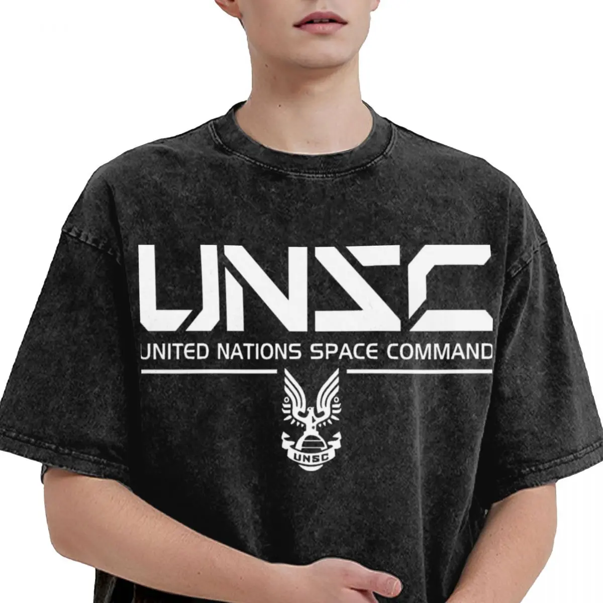 Camisetas lavadas UNSC para hombres y mujeres, camiseta blanca, ropa de calle de algodón con estampado gráfico, High Street Halo Gaming