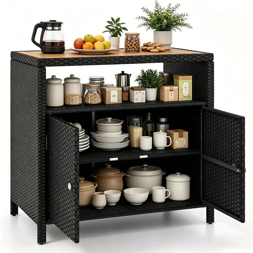 Wicker Outdoor ar Cainet - PE Rattan Patio ar Tale w/Acacia Wood Countertop, Open Sel& 2 Do, uet Sideoard Organizer or Garden ac