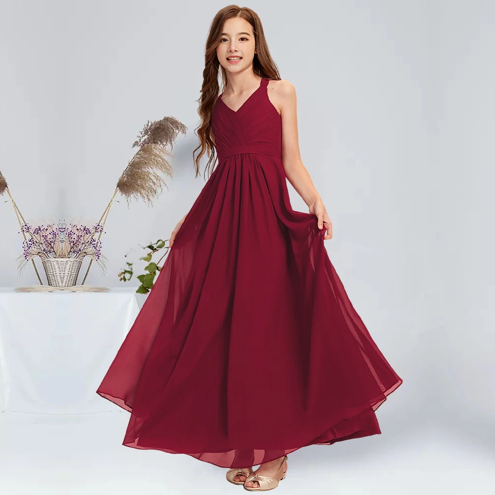 A linha com decote em v até o chão chiffon júnior vestido de dama de honra borgonha vestido de festa de formatura para convidados vestido de menina de flor casamento