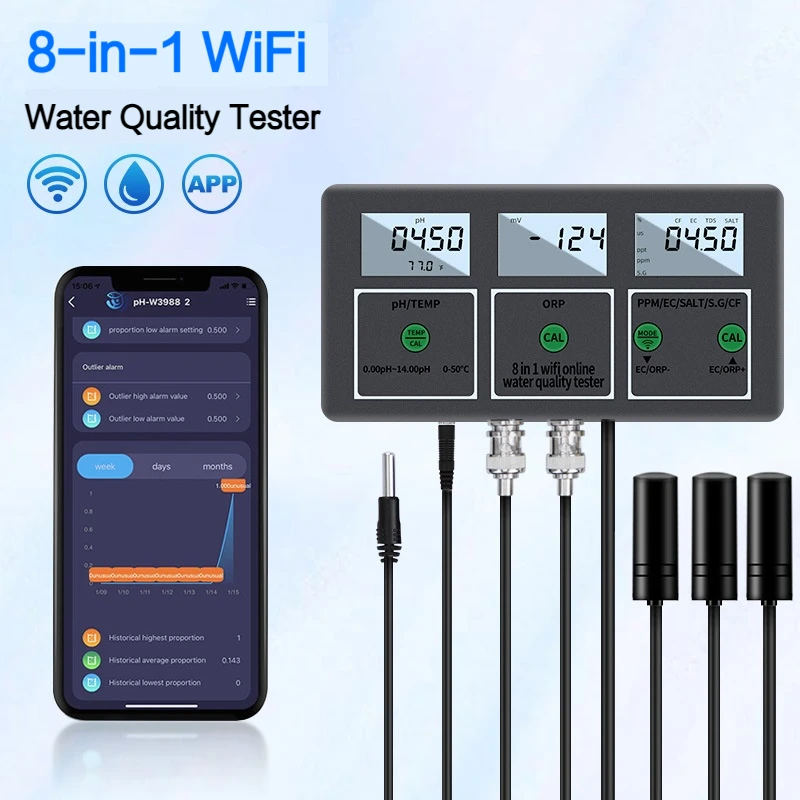 8 in 1 Online PH/TEMP/EC/PPM/ORP/SALT/S.G/CF Water Quality Meter with Wifi for Aquarium, Pool and Lab Testing